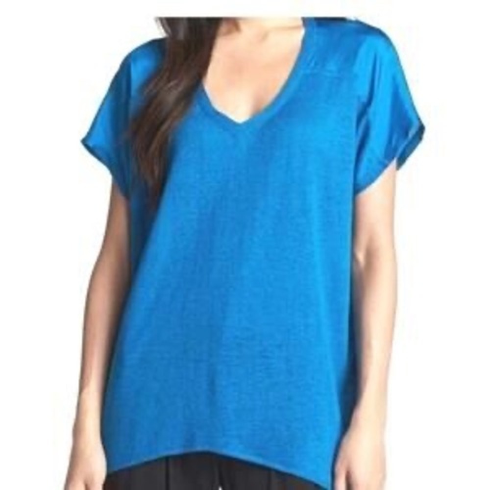 EILEEN FISHER Sweater Med Silk Linen Knit Silk Habutai Boxy Short Sleeve Teal